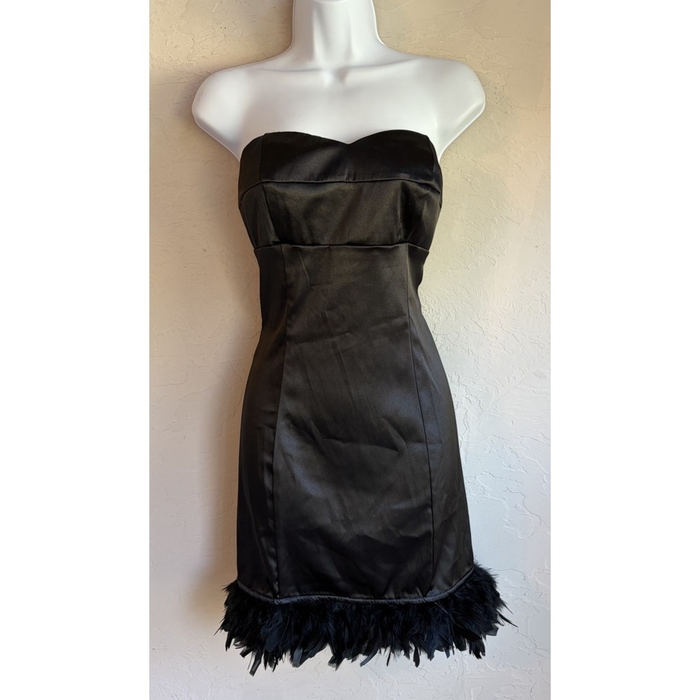 Vintage 90s Y2K Fredericks Of Hollywood Strapless Black Satin Feather Dress 10